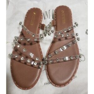DREAM PAIRS Slide Clear Studded Rhinestone Sandals Slip on Open Toe Flat